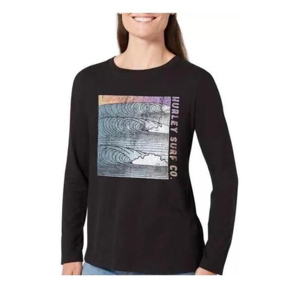 Elizabeth Hurley Tops - Hurley Women's Graphic Tee Crew Neck Long Sleeve T-Shirt, Black, Size Medium D3